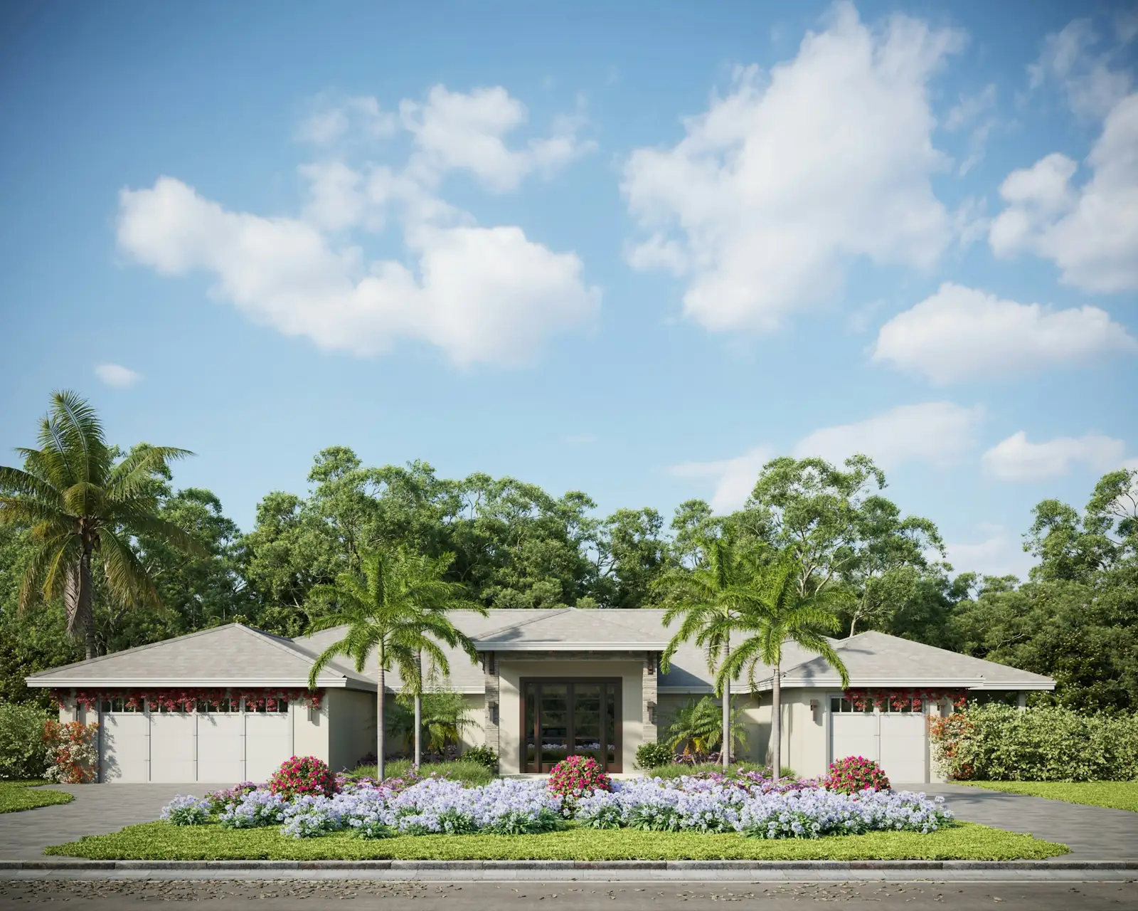 A single-story Florida home with two white garage doors behind palm trees